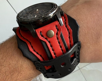 Handmade Leather Watch Cuff Band: Wristwatch Bracelet (Black and Red)