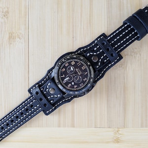 Steampunk Black Watch Cuff Band, Leather cuff watch strap, Samsung Cuff Watch Band, Gift For Men, Gift For Women, Personalized Watch Band.