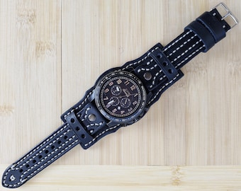 Special Leather Watch Cuff Band: Black and Black