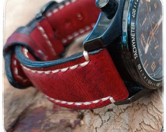 Handmade Leather Watch Strap: Red