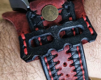 Handmade Leather Cuff Watch Strap, Cross Stitch Bund Style: Cherry and Black