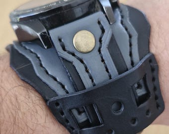 Handmade Leather Cuff Watch Strap: Apple, Samsung, 20-26mm (Black and Grey)