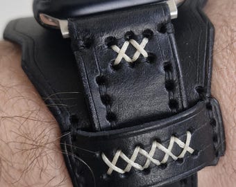 Handmade Leather Watch Cuff Strap for Apple & Samsung – Black