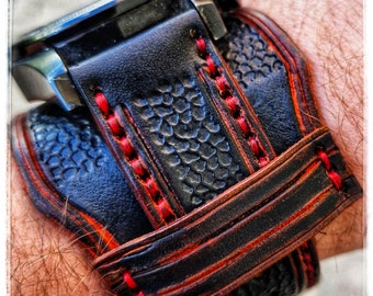 Handmade Black Leather Watch Cuff – Red Stitching, Apple/Samsung/Analog