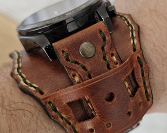 Leather Watch Cuff Strap – Handmade Camel Bund Cuff, Wide Vintage Style