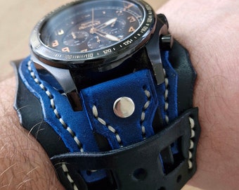 Handmade Leather Cuff Watch Strap: Black and Navy Blue