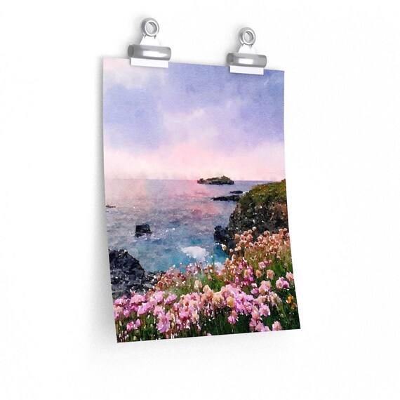 Purple Sunset & Ocean Landscape Watercolour Matte Print Home Etsy