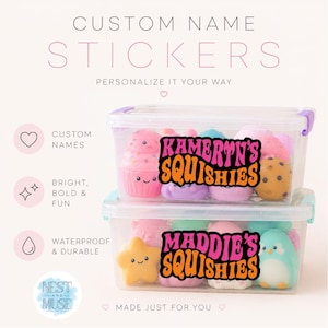 May include: Two clear plastic storage containers filled with colorful squishy toys. Each container features a custom sticker with the text KAMERYN'S SQUISHIES or MADDIE'S SQUISHIES in bold orange and pink lettering. Text includes CUSTOM NAME STICKERS.