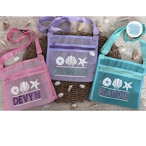 Personalized Seashell Collecting Bag for Girls – Beach Mesh Shell Bag – Kids Summer Beach Tote – Custom Name Shelling Bag – Sand Toys Bag