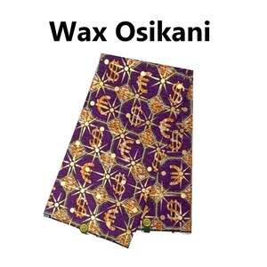 May include: A folded piece of purple fabric featuring a repeating pattern of gold dollar and euro symbols. The fabric has a geometric design with gold accents and the text "Wax Osikani" at the top.