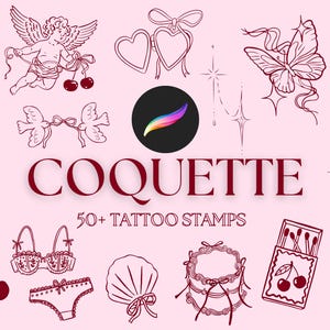 Más de 50 pinceles para sellos de tatuajes coquetos para Procreate, tatuajes femeninos, tatuajes femeninos, plantillas de tatuajes extravagantes, plantillas Flash listas para usar, tatuajes estéticos