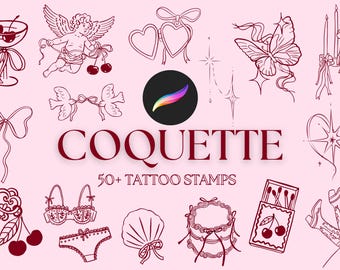 50+ Coquette tattoo Stamp Brush Procreate, feminine tattoo, girly tattoo, whimsical Tattoo Stencil, Ready to Use Flash, aesthetic tats
