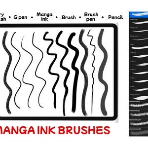 May include: A digital art illustration showcasing various manga ink brushes. The image displays a tablet with black ink strokes, labeled with brush types like "Dry brush" and "G pen." The text "MANGA INK BRUSHES" is in red at the bottom, with a brush selection panel on the right.