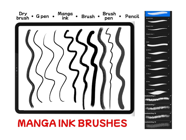 May include: A digital art illustration showcasing various manga ink brushes. The image displays a tablet with black ink strokes, labeled with brush types like "Dry brush" and "G pen." The text "MANGA INK BRUSHES" is in red at the bottom, with a brush selection panel on the right.