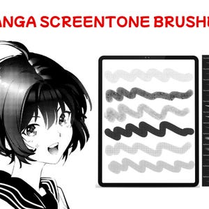 May include: An illustration of a manga-style character next to a tablet displaying screentone brushes. The tablet shows various brush stroke patterns in shades of gray. The text "MANGA SCREENTONE BRUSHES" is at the top in red.
