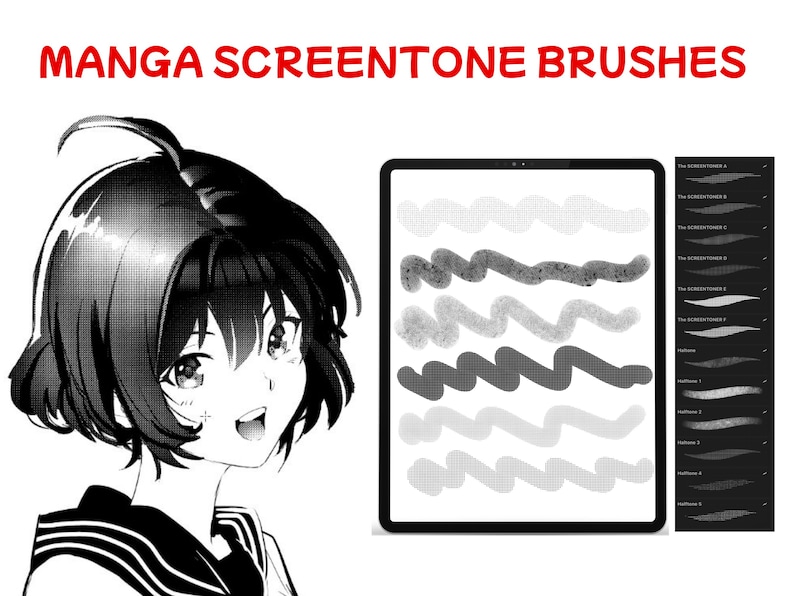May include: An illustration of a manga-style character next to a tablet displaying screentone brushes. The tablet shows various brush stroke patterns in shades of gray. The text "MANGA SCREENTONE BRUSHES" is at the top in red.