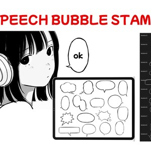 May include: Digital art featuring a manga-style illustration of a person wearing headphones, with the text "SPEECH BUBBLE STAMP" in red. A tablet displays various speech bubble designs, including "ok".