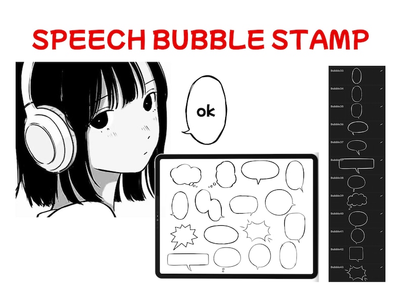 May include: Digital art featuring a manga-style illustration of a person wearing headphones, with the text "SPEECH BUBBLE STAMP" in red. A tablet displays various speech bubble designs, including "ok".