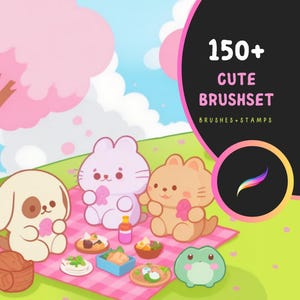 150+ pennelli carini per Procreate, kit pennelli kawaii, bundle timbri kawaii, pennelli per illustrazioni carine, pennelli per arte per bambini, animali carini