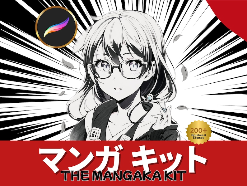 May include: Black and white manga-style illustration of a girl wearing glasses, set against a background of radial lines. The image includes the Procreate app logo and text that reads "THE MANGAKA KIT" and "200+ Brushes & Stamps".