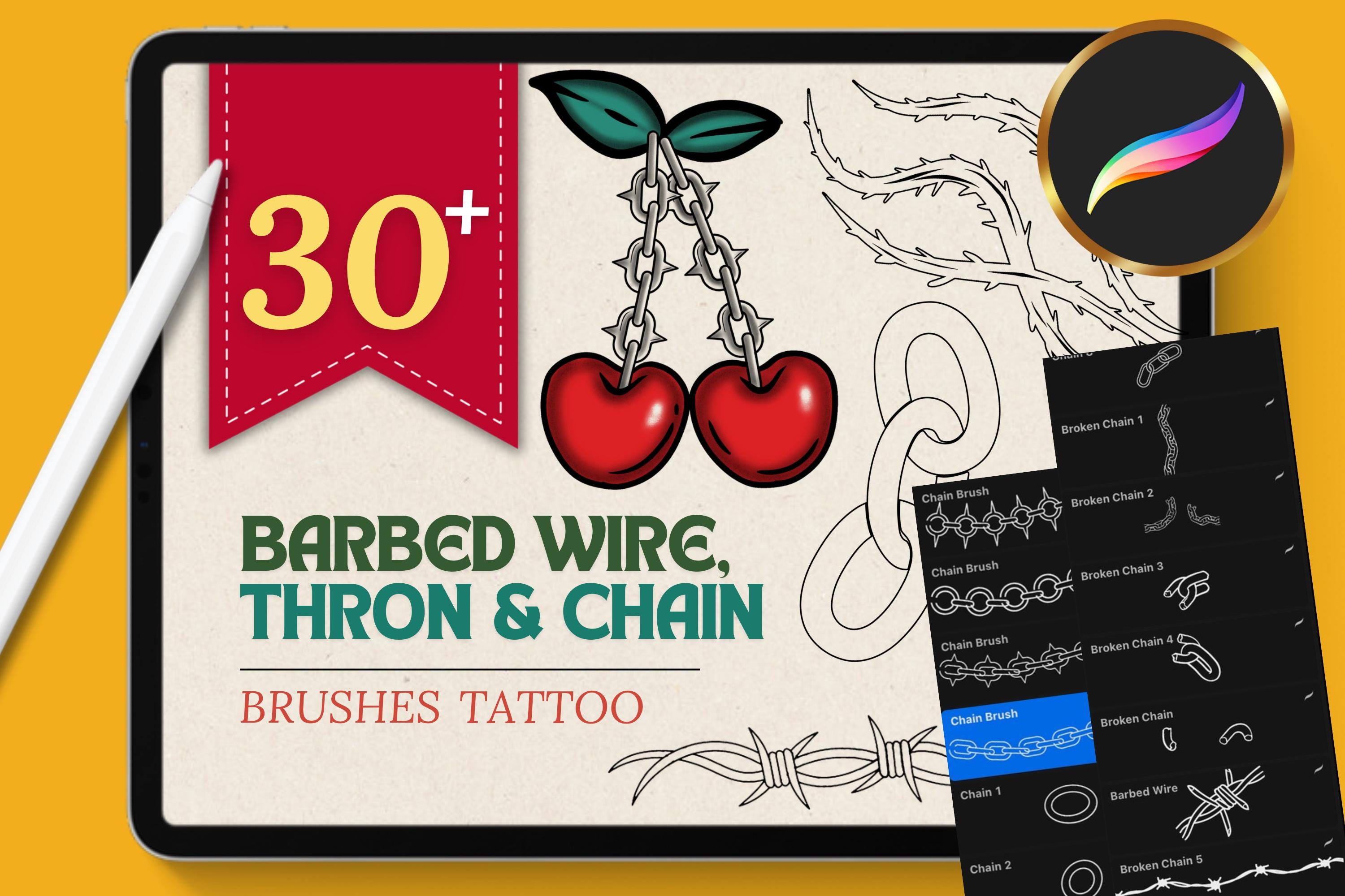 30+ Barbed Wire, Chain, Thorn & Nail Tattoo Procreate Stamps and Brushes