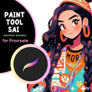 Può includere: Un'illustrazione digitale di una donna con lunghi capelli neri che indossa un maglione colorato con la parola "Mort" su di esso. L'immagine è una grafica promozionale per un set di pennelli ispirati a Paint Tool Sai per Procreate.