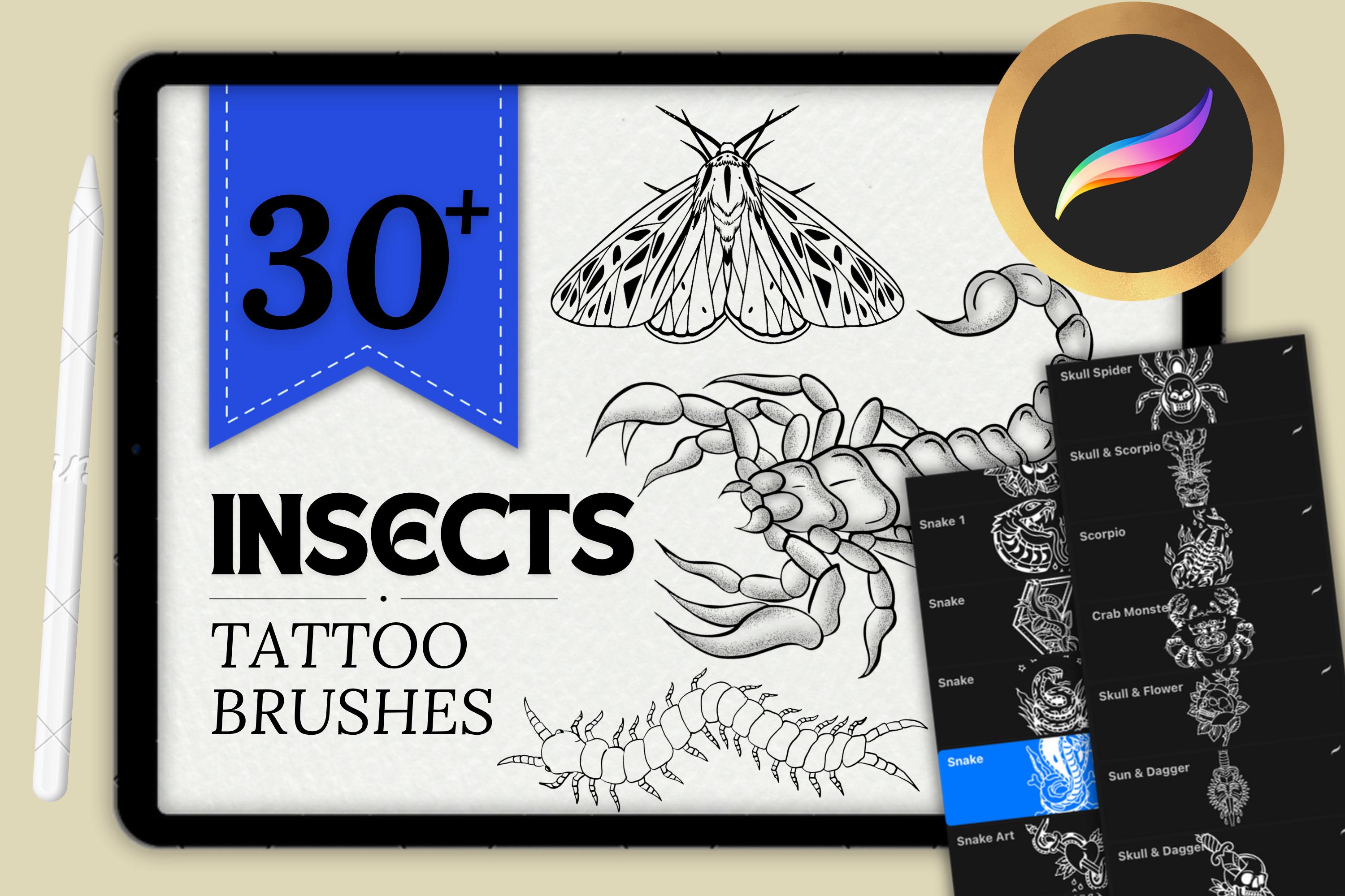 Mais de 30 pincéis e carimbos Procreate de tatuagem de insetos — Mariposa, Libélula, Escorpião, Centopeia