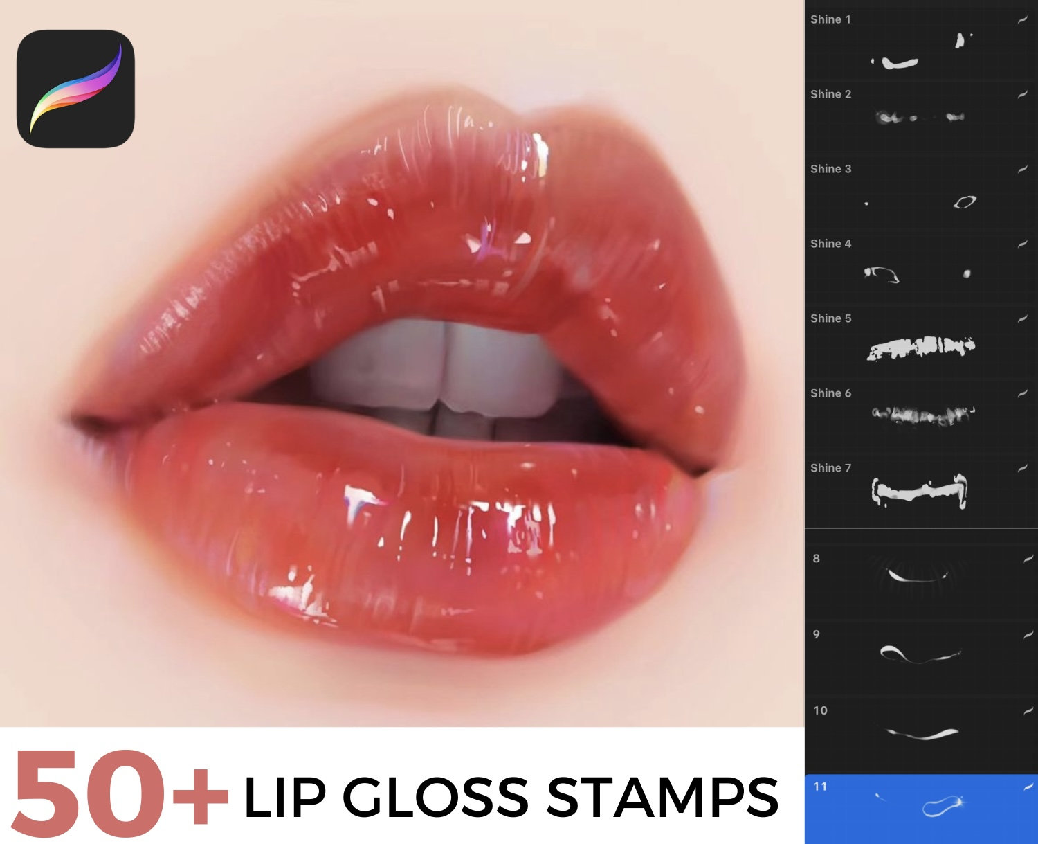 Procreate Lips 50+ Lip Gloss Stamps for Procreate, Procreate Lip Glossy Effect Brush ...