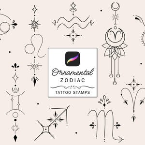 40+ ozdobnych znaczków do tatuażu zodiaku, pędzle do tatuażu zodiaku do Procreate, błysk ozdobnego znaku zodiaku, patchwork zodiaku, tatuaż astrologiczny