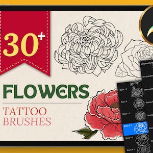 30+ flowers tattoo procreate brushes, chrysanthemum tattoo, peony tattoo stamps, sunflower tattoo, rose tattoo, floral tattoo pack procreate