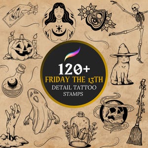 Pędzel do tatuażu "Piątek trzynastego" Procreate, gotyckie wzory tatuaży Procreate, stempel, czarowniczy wzór tatuażu, tatuaż grozy, straszny tatuaż patchwork