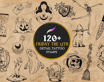 Friday the 13th tattoo brush procreate, Gothic Tattoo Designs Procreate Stamp, Witchy Tattoo Design, Horror Tattoo, Spooky Tattoo patchwork