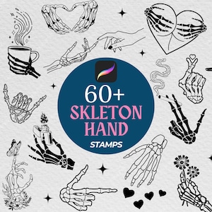 May include: A collection of 60+ black and white skeleton hand illustrations. The hands are in various poses, including holding a cup of coffee, a cigarette, a lighter, a flower, and a snake. The hands are also making gestures such as peace signs, heart shapes, and the middle finger.