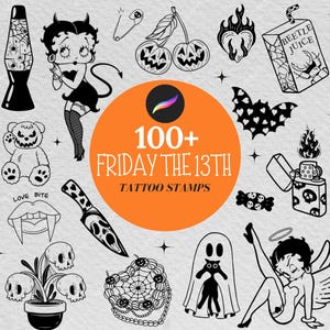 Francobolli per tatuaggi di Venerdì 13 per Procreate, flash per tatuaggi di Halloween, tatuaggi spettrali, pennelli patchwork horror Procreate, tatuaggi sfortunati