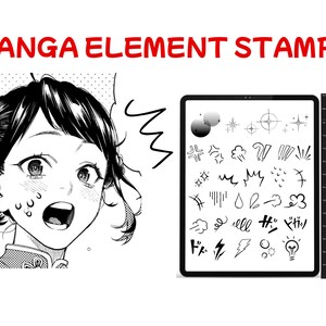 May include: Digital manga element stamps displayed on a tablet. The image includes a manga-style illustration of a surprised character and a selection of black and white graphic elements, such as stars, lightning bolts, and speech bubbles.