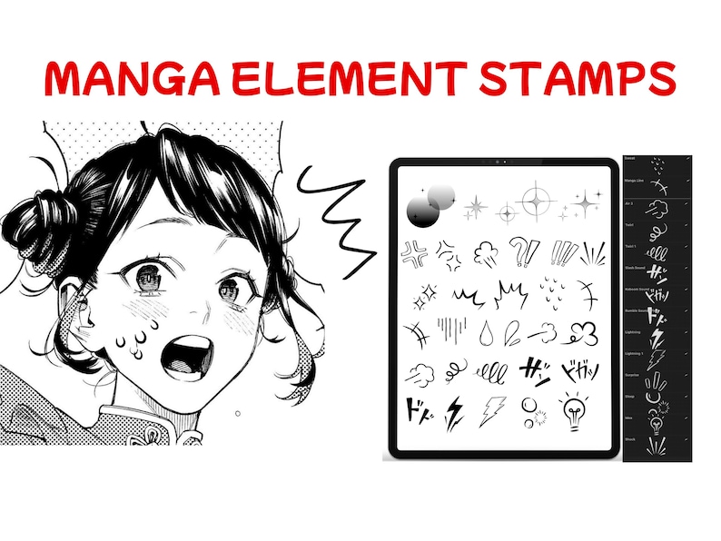 May include: Digital manga element stamps displayed on a tablet. The image includes a manga-style illustration of a surprised character and a selection of black and white graphic elements, such as stars, lightning bolts, and speech bubbles.