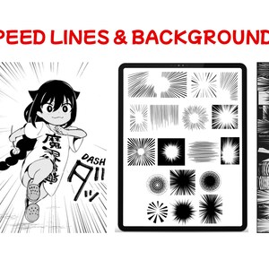 May include: Black and white manga-style illustration with the text "SPEED LINES & BACKGROUNDS". The image features a running anime character and a tablet displaying various speed lines and background effects, perfect for digital art.