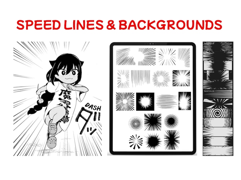 May include: Black and white manga-style illustration with the text "SPEED LINES & BACKGROUNDS". The image features a running anime character and a tablet displaying various speed lines and background effects, perfect for digital art.