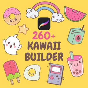 200+ kawaii stamps for Procreate, kawaii eye stamp, japanese kawaii art, kawaii brushes, chibi eye stamps, kawaii food stamp, kawaii retro