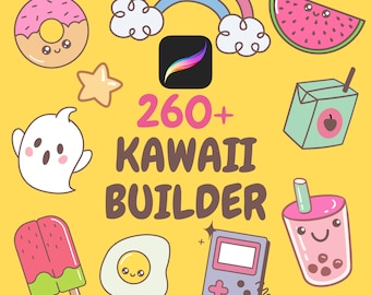 200+ kawaii stamps for Procreate, kawaii eye stamp, japanese kawaii art, kawaii brushes, chibi eye stamps, kawaii food stamp, kawaii retro