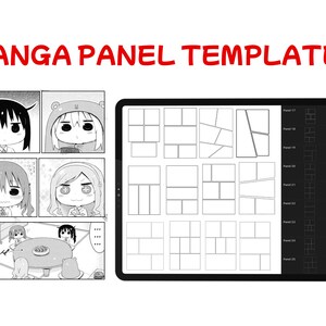 May include: An image with the text "MANGA PANEL TEMPLATES" in red. The image shows manga panels with cartoon characters and a digital tablet displaying panel layout templates. The tablet is black.