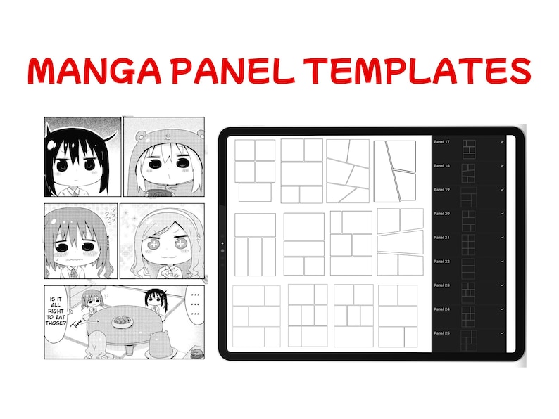 May include: An image with the text "MANGA PANEL TEMPLATES" in red. The image shows manga panels with cartoon characters and a digital tablet displaying panel layout templates. The tablet is black.