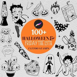 Pode incluir: Uma coleção de ilustrações de carimbos para tatuagem em preto e branco com temas de Halloween e sexta-feira 13, incluindo uma luminária de lava, personagens, caveiras, abóboras, uma faca e uma lápide com o texto Never Trust The Living.