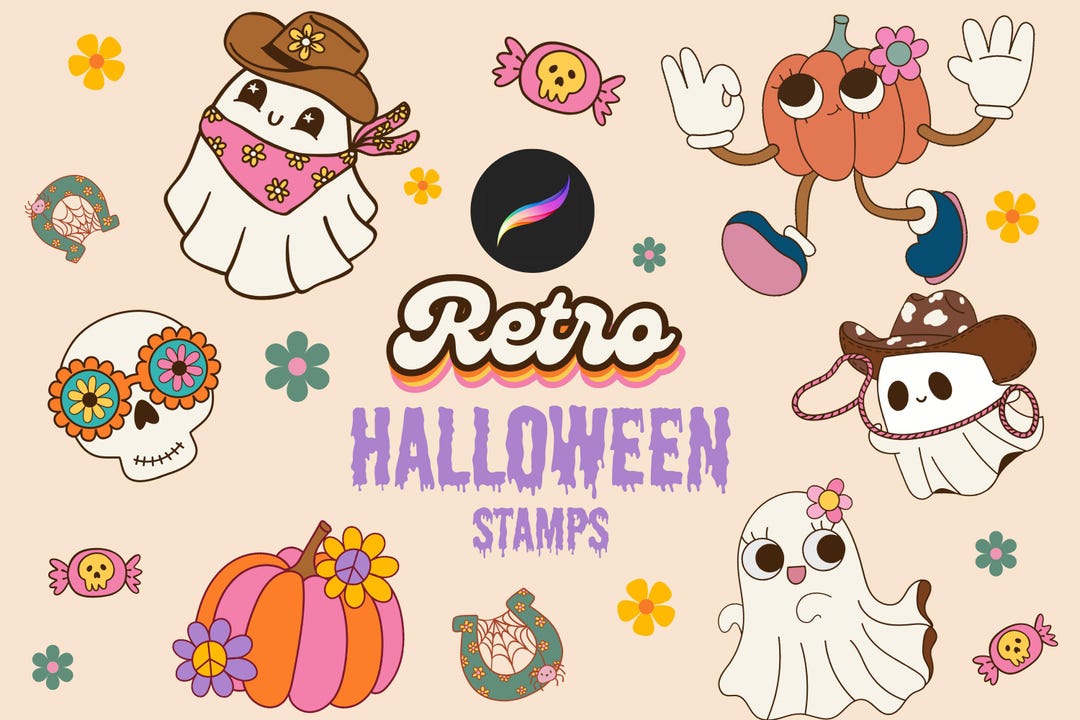 90 Retro Halloween Stamps for Procreate, Groovy Halloween Procreate ...