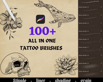 May include: A collection of over 100 tattoo brushes for digital art. The brushes are categorized as stipple, liner, shading, and grain. The image includes examples of each brush type.