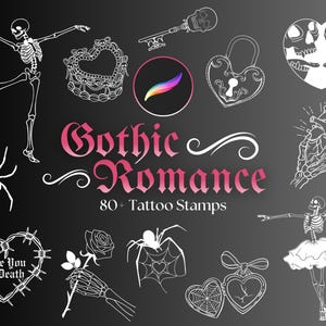 May include: A collection of 80+ tattoo stamps with a gothic romance theme. The designs include skeletons, hearts, spiders, roses, and locks, all in white against a dark gray background. The words "Gothic Romance" are displayed in pink.