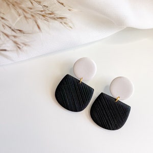 Elegant Black & White Textured Lightweight Dangle Earrings for Women made with Polymer Clay and Hypoallergenic Earring Findings