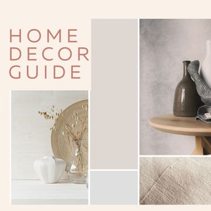 May include: A home decor guide with a collage of images featuring different textures and colors. The images include a white vase with dried flowers, a wooden tray, a brown and white ceramic vase, a gray knitted throw, and a wooden table.