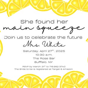 Editable She Found Her Main Squeeze Bridal Shower Invitation, Lemon Citrus Invite, Summer Printable Template Instant Download
