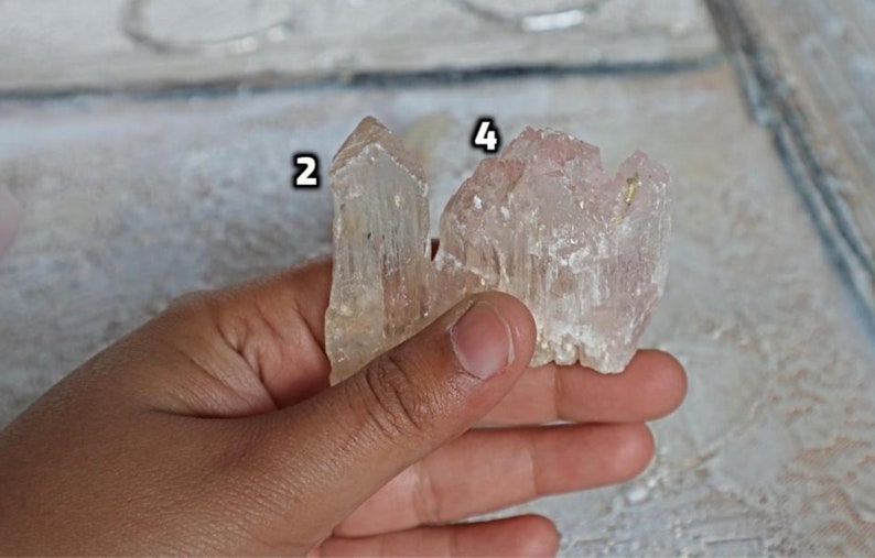 May include: Two clear quartz crystals, one with a pink hue, are held in a hand. The crystals are pointed and have a rough texture.